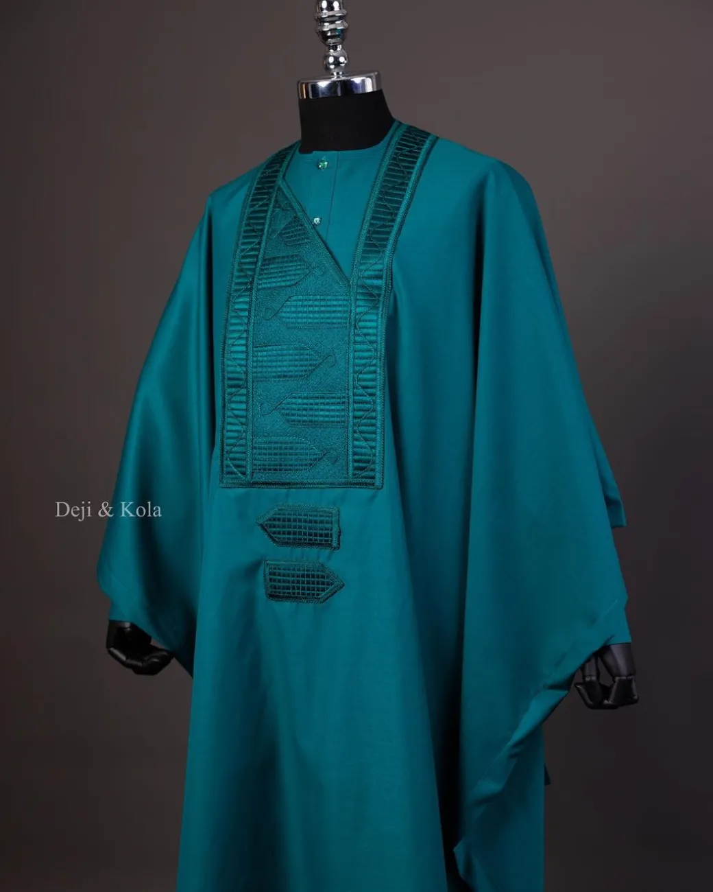 A Teal Green Agbada, Long Sleeve Buba With Matching Swarovski Button Details & Sokoto