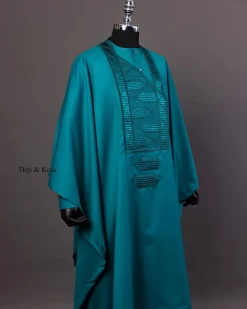 A Teal Green Agbada, Long Sleeve Buba With Matching Swarovski Button Details & Sokoto