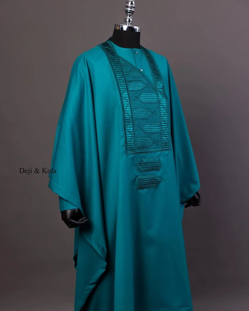 A Teal Green Agbada, Long Sleeve Buba With Matching Swarovski Button Details & Sokoto