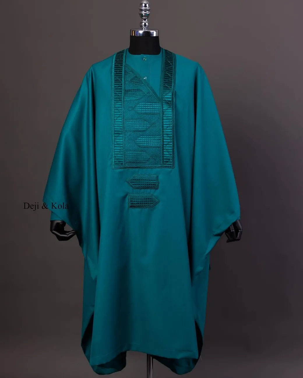 A Teal Green Agbada, Long Sleeve Buba With Matching Swarovski Button Details & Sokoto