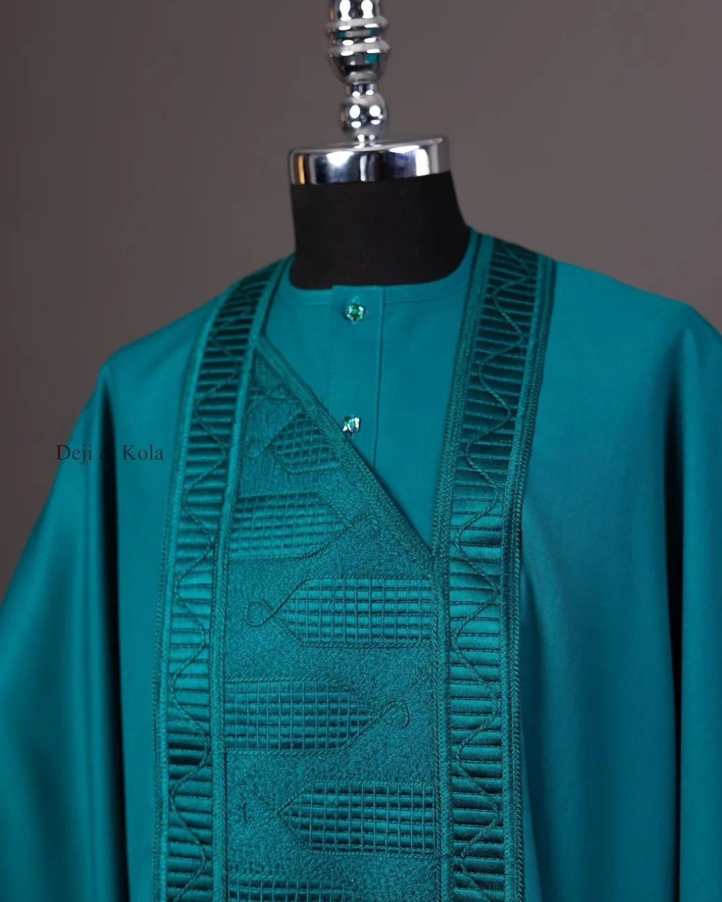 A Teal Green Agbada, Long Sleeve Buba With Matching Swarovski Button Details & Sokoto