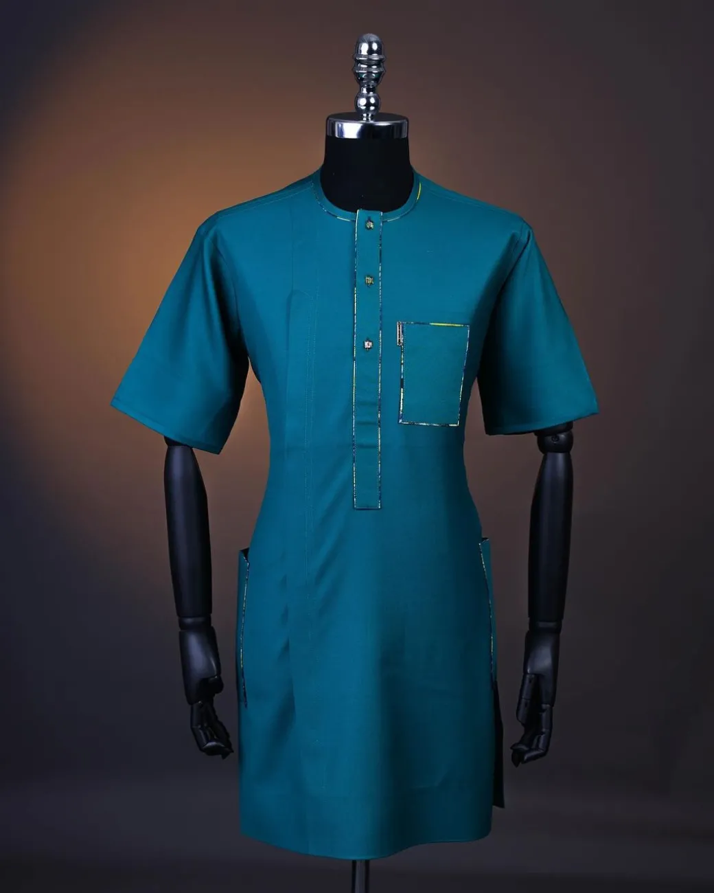 A Teal green, Front flap, patch pocket, short sleeve kaftan .