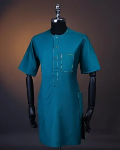 A Teal green, Front flap, patch pocket, short sleeve kaftan .