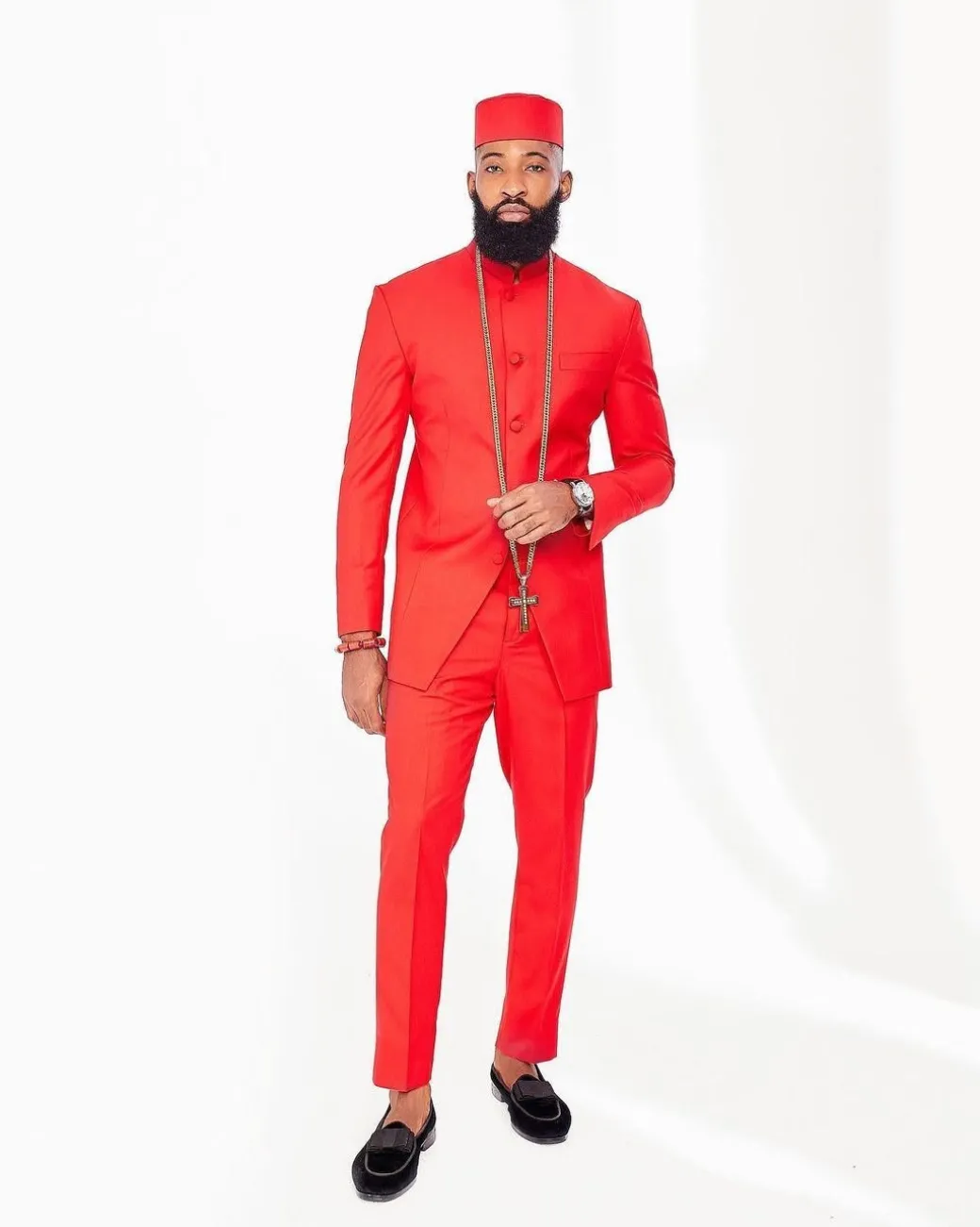 A Tomato Red African Safari Kaftan Native with a jacquard jacket