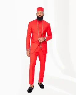 A Tomato Red African Safari Kaftan Native with a jacquard jacket