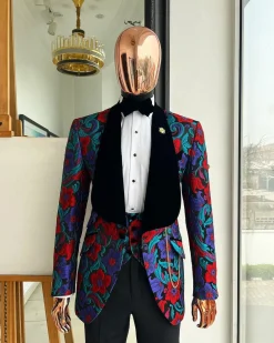 A Tomato Red,fern green, purple and black mix metallic jacquard, shawl lapel tuxedo suit