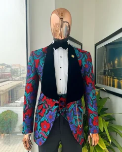 A Tomato Red,fern green, purple and black mix metallic jacquard, shawl lapel tuxedo suit