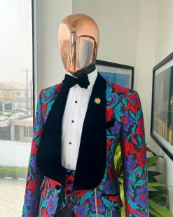 A Tomato Red,fern green, purple and black mix metallic jacquard, shawl lapel tuxedo suit
