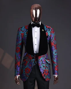 A Tomato Red,fern green, purple and black mix metallic jacquard, shawl lapel tuxedo suit