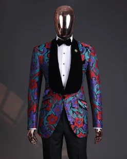 A Tomato Red,fern green, purple and black mix metallic jacquard, shawl lapel tuxedo suit