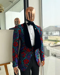 A Tomato Red,fern green, purple and black mix metallic jacquard, shawl lapel tuxedo suit