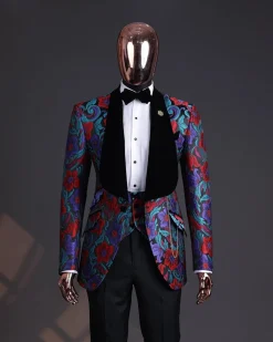 A Tomato Red,fern green, purple and black mix metallic jacquard, shawl lapel tuxedo suit