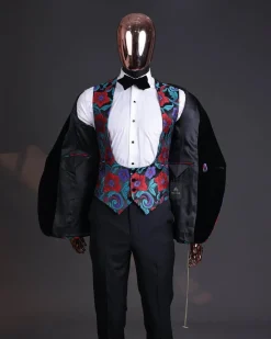 A Tomato Red,fern green, purple and black mix metallic jacquard, shawl lapel tuxedo suit