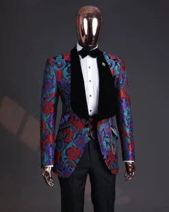 A Tomato Red,fern green, purple and black mix metallic jacquard, shawl lapel tuxedo suit