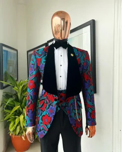 A Tomato Red,fern green, purple and black mix metallic jacquard, shawl lapel tuxedo suit