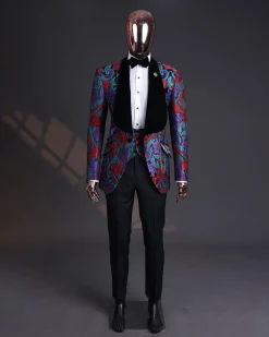 A Tomato Red,fern green, purple and black mix metallic jacquard, shawl lapel tuxedo suit
