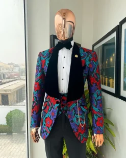 A Tomato Red,fern green, purple and black mix metallic jacquard, shawl lapel tuxedo suit