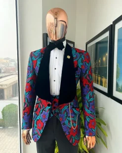 A Tomato Red,fern green, purple and black mix metallic jacquard, shawl lapel tuxedo suit
