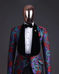 A Tomato Red,fern green, purple and black mix metallic jacquard, shawl lapel tuxedo suit