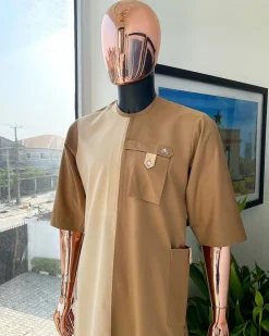 A Tortilla and peanut brown combat front and side pocket with a clear view of Swarovski stone detailing African traditional senator Kaftan native.