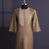 A Tortilla brown, invisible zip, black connected metal tag, 3/4 sleeve traditional african senator kaftan native.