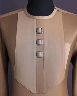 A Tortilla brown, invisible zip, black connected metal tag, 3/4 sleeve traditional african senator kaftan native.