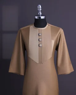 A Tortilla brown, invisible zip, black connected metal tag, 3/4 sleeve traditional african senator kaftan native.