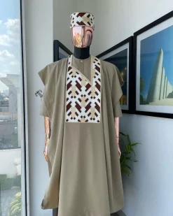 A Tortilla brown, layered tettri pattern embroidery detailing agbada