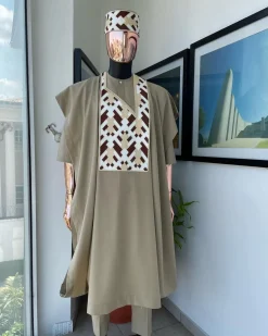 A Tortilla brown, layered tettri pattern embroidery detailing agbada