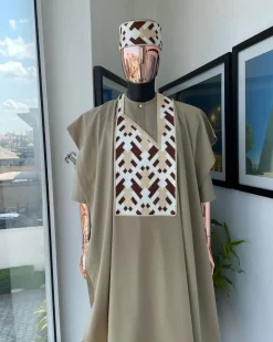 A Tortilla brown, layered tettri pattern embroidery detailing agbada