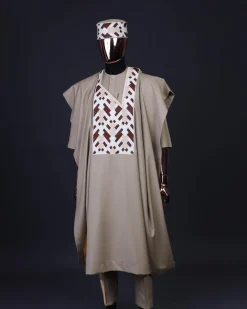 A Tortilla brown, layered tettri pattern embroidery detailing agbada