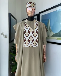 A Tortilla brown, layered tettri pattern embroidery detailing agbada