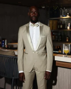A Trout Grey, “Mixologist”, Knitted, Single Button, Peak Lapel, Double-Breasted Tuxedo Suit.