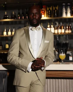 A Trout Grey, “Mixologist”, Knitted, Single Button, Peak Lapel, Double-Breasted Tuxedo Suit.