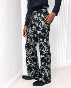 A trumpet cut, floral jacquard, high waist, Gurkha pant with side metal adjuster tuxedo pant