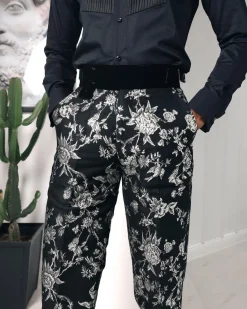 A trumpet cut, floral jacquard, high waist, Gurkha pant with side metal adjuster tuxedo pant