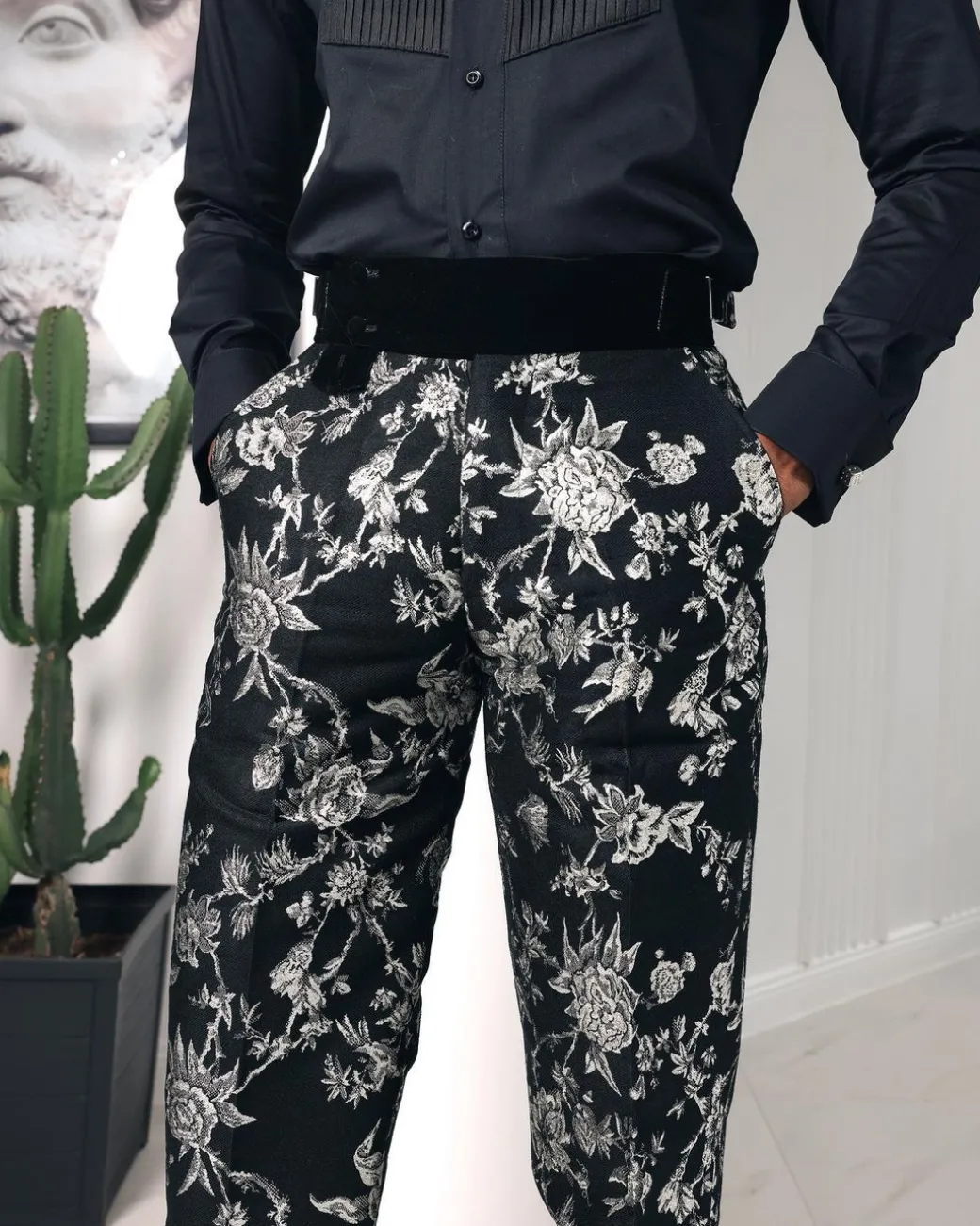 A trumpet cut, floral jacquard, high waist, Gurkha pant with side metal adjuster tuxedo pant