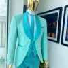 A Turquoise Green Shawl Lapel Floral Jacquard Suit