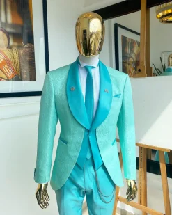 A Turquoise Green Shawl Lapel Floral Jacquard Suit