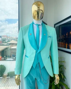 A Turquoise Green Shawl Lapel Floral Jacquard Suit