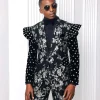 A “Vegas 2”, Floral pattern jacquard, Elevated shoulder and sleeve with Swarovski details peak Lapel tux suit