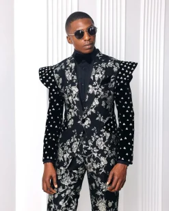 A “Vegas 2”, Floral pattern jacquard, Elevated shoulder and sleeve with Swarovski details peak Lapel tux suit
