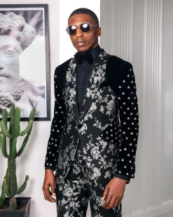 A “Vegas 1”, Floral pattern jacquard, shoulder wrap and sleeve with Swarovski peak Lapel tux suit