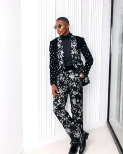A “Vegas 1”, Floral pattern jacquard, shoulder wrap and sleeve with Swarovski peak Lapel tux suit