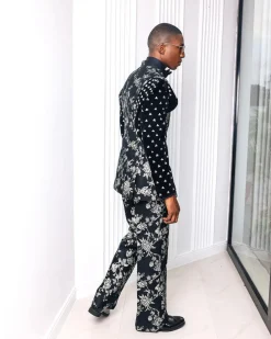 A “Vegas 2”, Floral pattern jacquard, Elevated shoulder and sleeve with Swarovski details peak Lapel tux suit