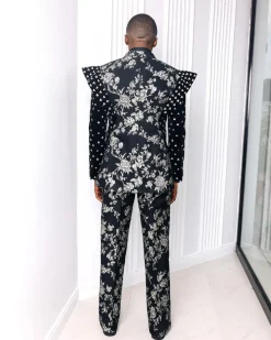 A “Vegas 2”, Floral pattern jacquard, Elevated shoulder and sleeve with Swarovski details peak Lapel tux suit