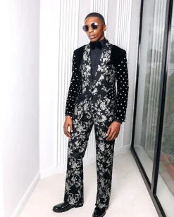 A “Vegas 1”, Floral pattern jacquard, shoulder wrap and sleeve with Swarovski peak Lapel tux suit
