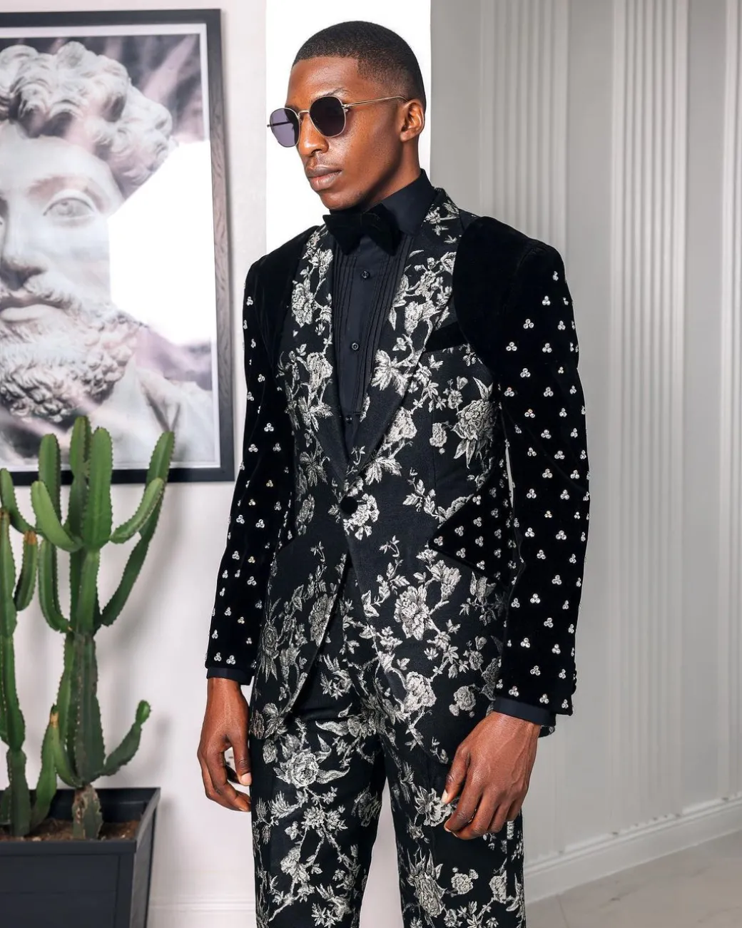 A “Vegas 1”, Floral pattern jacquard, shoulder wrap and sleeve with Swarovski peak Lapel tux suit
