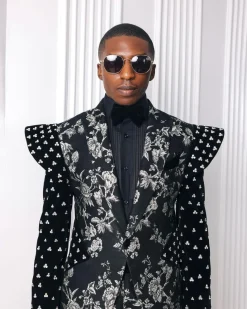 A “Vegas 2”, Floral pattern jacquard, Elevated shoulder and sleeve with Swarovski details peak Lapel tux suit