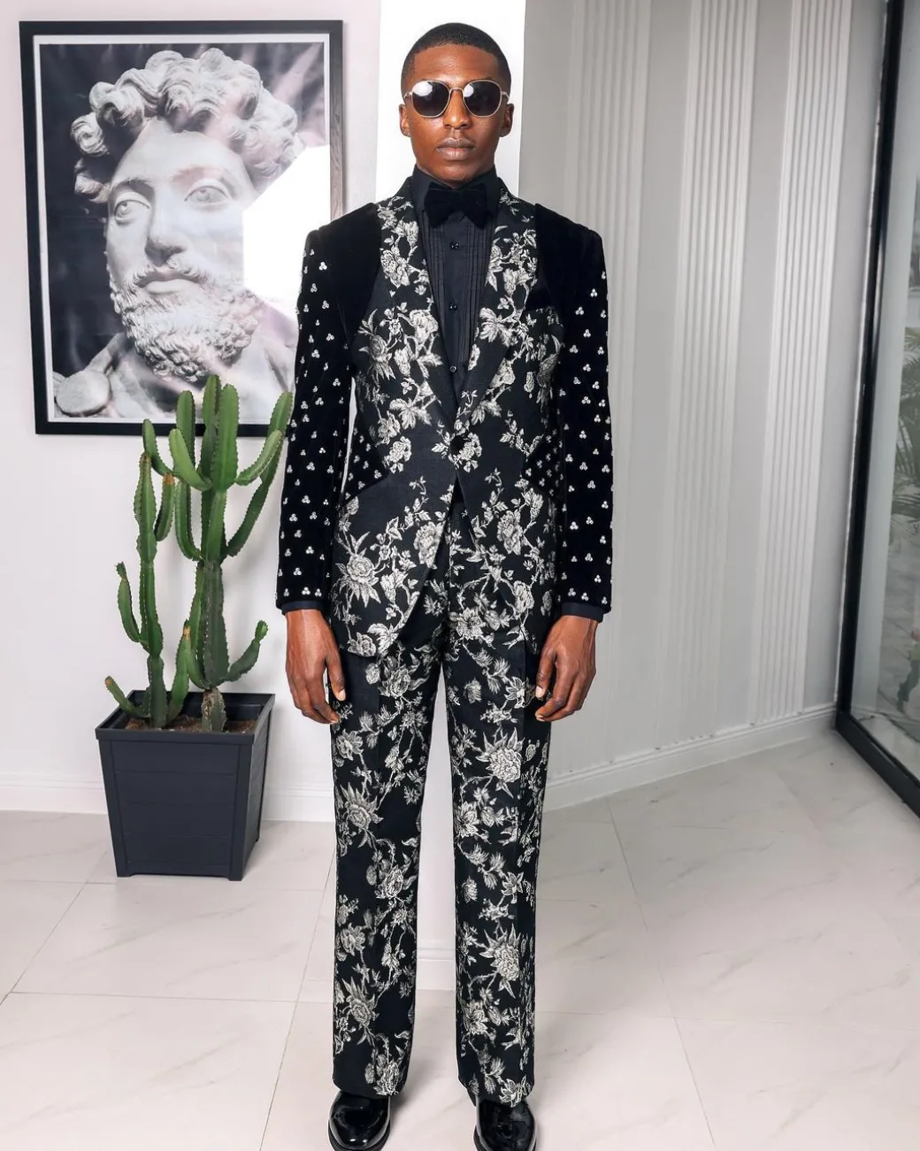 A “Vegas 1”, Floral pattern jacquard, shoulder wrap and sleeve with Swarovski peak Lapel tux suit